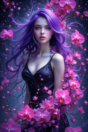 A mesmerizing portrait of a stunning girl with vibrant purple hair and piercing ruby eyes, her full figure radiating confidence as she gazes directly at the viewer from amidst a swirling vortex of inky stars. The air is filled with dynamic movement, as if passion itself has taken physical form, pouring forth like ink rain. In the background, very many beautiful orchids, delicate bubbles of ink suspend, adding an air of whimsy to this masterfully crafted digital artwork, showcasing the artist's exceptional skill and attention to detail.