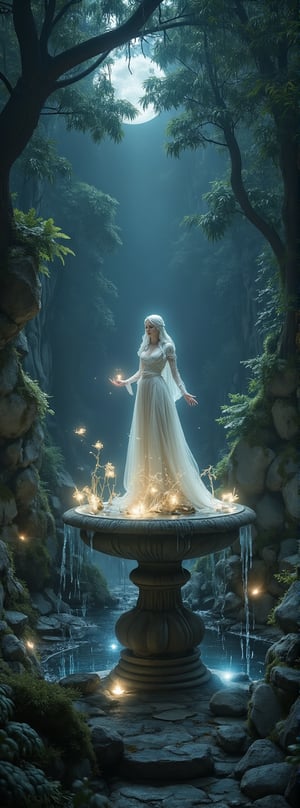 Title: "Whispers of the Enchanted Fountain"

Amidst the dreamlike embrace of a mystical forest, a fountain of ancient stone stands as a beacon of ethereal beauty, its waters shimmering with a soft, captivating glow. From the heart of the fountain emerges a luminous spirit, her form translucent and radiant, a vision of grace and mystery that enchants all who behold her presence.

The air in the forest is infused with an otherworldly mist, adding a sense of magic and wonder to the scene. Tall, ancient trees sway gently in the breeze, their branches reaching towards the heavens, creating a canopy of greenery that filters the light into a dance of shadows and illumination. The soft rustling of leaves and the gentle trickle of water from the fountain create a symphony of natural sounds that lull the senses into a state of tranquility.

As the spirit materializes before me, her voice carries a question that hangs in the air like a delicate mist, "Did you drop a gold power supply or a silver power supply into the fountain?" Her words are soft yet tinged with an air of significance, drawing me into a realm where choices hold weight and consequences are woven into the fabric of fate.

In her hands, she cradles two gleaming power supplies, one crafted from shimmering gold and the other from radiant silver, their brilliance reflecting the moonlight that filters through the canopy above. Yet, I stand at the edge of the fountain, a sense of uncertainty gripping my heart, for I know that the power supply I seek is not of earthly metals but of a rare and precious nature.

In the quietude of the forest, with the spirit's gaze fixed upon me, I find clarity in the depths of my soul. The truth resonates within me as I speak, "Neither gold nor silver, but a platinum-certified power supply unit, tailored for my personal computer, is what I seek." My voice carries a resolve born of conviction, a recognition of the true value that lies beyond material wealth.

The atmosphere in the forest shifts, a subtle tension giving way to a profound sense of peace and understanding. The spirit's form shimmers with approval, her presence a testament to the wisdom that guides the path of the sincere seeker. As the moonlight bathes the scene in a soft, enchanting glow, I feel a sense of fulfillment knowing that the power I seek is not found in riches, but in the purity of purpose and the clarity of intention.

Authored by kyo8sai, this magnificent creation stands as a testament to the artist's creative prowess and was brought to life on 2024-09-14.The painting is signed 'kyo8sai' on the edge.

"Whispers of the Enchanted Fountain" beckons to those who dare to listen to the voice of their inner truth, to seek beyond the allure of worldly treasures and discover the boundless power that resides in the depths of their being. Through the artistry of the portrayal, the artwork weaves a narrative of self-discovery and enlightenment, inviting viewers to embrace the journey of the heart and soul in a realm where magic and reality intertwine in a symphony of light and shadow.,resin, Auguste Renoir ~ Paul Peel ~ John Singer Sargent ~ Alexandre-Jacques Chantron ~ John William Godward ~ John William Waterhouse ~ Han-Wu Shen ~ Ishitaka Amano ~ Chakrapan Posayakrit ~ Kim Jung Gi ~ Kei Mieno ~ Ikushima Hiroshi ~ WLOP ~ William-Adolphe Bouguereau ~ Alphonse Mucha ~Luis Royo ~ Range Murata ~ Jock Sturges photography ~ David Hamillton photography,sparkles,surreal