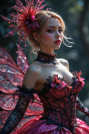 ethereal fantasy concept art Midjourney, MJ, Midjourney style, realism, cinematic quality, macro. ai copilot conceptual creative hyperrealistic, fairies, nymphs, 1/3 cowboy shot, radiant, colorful, Anime artwork of princess peach in a detailed intricate pink and black dress, by wlop , dynamic pose,burlesque,shabby chic,,fine art,epic,Boho gypsy, marquise,duchesse,sparkles,burlesque