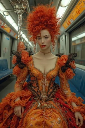 A striking portrait of a beautiful Japanese girl dressed as an elaborate rococo princess, sitting on a metro train. Her gown is a masterpiece of intricate details, with layers of ruffles, lace, and vibrant colors that evoke the opulent style of the 18th century. Her hair is a magnificent creation, a towering mass of curls and waves in a vivid shade of red that commands attention. Despite the humble setting of the metro car, her expression is one of poise and grace, with delicate features and captivating eyes that draw the viewer in. This image blends the grandeur of rococo fashion with the mundane reality of modern life, creating a surreal and visually stunning contrast that leaves a lasting impression,Japan Costume,Auguste Renoir ~ Paul Peel ~ John Singer Sargent ~ Alexandre-Jacques Chantron ~ John William Godward ~ John William Waterhouse ~ Han-Wu Shen ~ Ishitaka Amano ~ Chakrapan Posayakrit ~ Kim Jung Gi ~ Kei Mieno ~ Ikushima Hiroshi ~ WLOP ~ William-Adolphe Bouguereau ~ Alphonse Mucha ~Luis Royo ~ Range Murata ~ Jock Sturges photography ~ David Hamillton photography ~ Rustic Sketchbook Style, Sketch Book, Hand Drawn, Dark, Gritty, Realistic Sketch, Rough Sketch, Mix of Bold Dark Lines and Loose Lines, Bold Lines, On Paper, Turnaround Character Sheet, Natural Light, Dynamic, Highly Detailed, Watercolor Painting, Watercolor Paper, Artstation, Concept Art, Smooth and Crisp, Sharp Focus, Illustration, Goth girl ,,surreal,sparkles