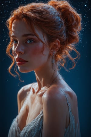 A woman with fiery red locks stands firm beneath a starry canvas, bathed in soft moonlight that whispers secrets to her alabaster complexion. Her undone updo is gently tousled by night air, while a subtle smile plays on her lips, radiating an enigmatic allure. Framed against a dark blue backdrop, the scene simmers with anticipation, as if celestial bodies themselves are entranced by her mystique.,poakl girl, Gorgeous, beautiful, multicolored hair, blue eyes, excentic, Ben Bauchau, Michael Garmash, Daniel F Gerhartz, Clint Cearley, Carne Griffiths, Jean Baptiste Monge, strybk style, warm dreamy lighting, matte background, volumetric lighting, pulp adventure style, fluid acrylic, dynamic gradients, bold color, illustration, highly detailed, simple, smooth and clean vector curves, vector art, smooth, johan grenier, character design, 3d shadowing, fanbox, cinematic, ornate motifs, elegant organic framing, hyperrealism, posterized, masterpiece collection, bright lush colors, TXAA, penumbra, alcohol paint, wet gouache, ultrarealistic, film grain, surreal, moody, ethereal fantasy, amazing depth, cinematic film still, sharp focus, (James Christensen), bohemian, Boho gypsy, Gustav Klimt, (Anne Bachelier:1.2), (Lillian Bassman, Erwin Blumenfeld), shabby chic, 1920s retrofuturism, industrial, art deco, coherent, (Dieselpunk:1.3), sparkles