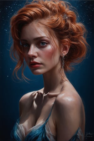 A woman with fiery red locks stands firm beneath a starry canvas, bathed in soft moonlight that whispers secrets to her alabaster complexion. Her undone updo is gently tousled by night air, while a subtle smile plays on her lips, radiating an enigmatic allure. Framed against a dark blue backdrop, the scene simmers with anticipation, as if celestial bodies themselves are entranced by her mystique.,poakl girl, Gorgeous, beautiful, multicolored hair, blue eyes, excentic, Ben Bauchau, Michael Garmash, Daniel F Gerhartz, Clint Cearley, Carne Griffiths, Jean Baptiste Monge, strybk style, warm dreamy lighting, matte background, volumetric lighting, pulp adventure style, fluid acrylic, dynamic gradients, bold color, illustration, highly detailed, simple, smooth and clean vector curves, vector art, smooth, johan grenier, character design, 3d shadowing, fanbox, cinematic, ornate motifs, elegant organic framing, hyperrealism, posterized, masterpiece collection, bright lush colors, TXAA, penumbra, alcohol paint, wet gouache, ultrarealistic, film grain, surreal, moody, ethereal fantasy, amazing depth, cinematic film still, sharp focus, (James Christensen), bohemian, Boho gypsy, Gustav Klimt, (Anne Bachelier:1.2), (Lillian Bassman, Erwin Blumenfeld), shabby chic, 1920s retrofuturism, industrial, art deco, coherent, (Dieselpunk:1.3), sparkles