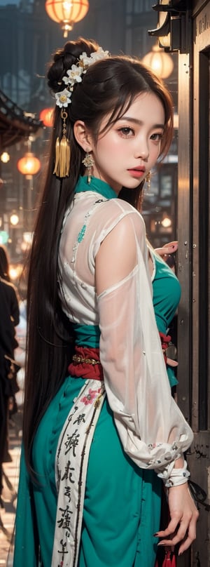 1girl, 23yo Taiwanese beauty, solo, cool, looking at viewer, brunette, hair accessory, long sleeves, holding, blue eyes, jewelry, closed mouth, standing, cowboy shot, earrings, outdoor, sky, clouds, from behind, nail polish, red lips, belt, night, glow, chain, forehead mark, Hanfu, tassels, red nails, smoke, lantern, white python, magic, East Asian architecture, high bun, pagoda