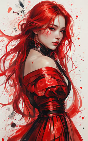 A striking stencil art portrait of a young sexy Asian woman with very long fiery glowing red hair swirling in the wind. She is in a distinctive metallic red dress, featuring a circle pattern and bold stripes. Her intense gaze is directed to the right, lightly downwards, as if contemplating a secret. The stark white background highlights the intricate details of the stencil work, showcasing the artist's skill and precisionm,,lady & rayograph,,,victorian vision,.retro glam,surreal,sparklesAuguste Renoir ~ Paul Peel ~ John Singer Sargent ~ Alexandre-Jacques Chantron ~ John William Godward ~ John William Waterhouse ~ Han-Wu Shen ~ Ishitaka Amano ~ Chakrapan Posayakrit ~ Kim Jung Gi ~ Kei Mieno ~ Ikushima Hiroshi ~ WLOP ~ William-Adolphe Bouguereau ~ Alphonse Mucha ~Luis Royo ~ Range Murata ~ Jock Sturges photography ~ David Hamillton photography ~ Rustic Sketchbook Style, Sketch Book, Hand Drawn, Dark, Gritty, Realistic Sketch, Rough Sketch, Mix of Bold Dark Lines and Loose Lines, Bold Lines, On Paper, Turnaround Character Sheet, Natural Light, Dynamic, Highly Detailed, Watercolor Painting, Watercolor Paper, Artstation, Concept Art, Smooth and Crisp, Sharp Focus, Illustration, Goth girl 