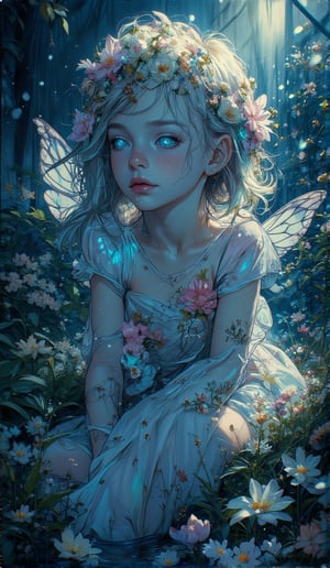 Young  fairy Flowergirl   dreaming pose covered by flowerrs mysterious aspect, many details, vintage , double exposure water drops, made of tiny dots  macrorealism surreal,  visible brushstrokes  extremely cute tiny chibi holographic pastel  soft blues    glowing transparent bioluminescen,  big detailed glowing eyes,  detailed face flowers, leaves,  fantasy ,  by [Anton Semenov | Carl Rungius | Ivan Rabuzin | Ed Emshwiller] cinematic, 32k,  sunbeams , ultra highly detailed, dynamic intricated pose,  luminous unusual delicate fog, highly detailed, intricated, intricated pose, oil painting, thick strokes, masterpiece, high quality, centered, perfect compositionDigital painting, Highly detailed, Concept art, Artstation, Intricate, Sharp Focus,  Surrealism, Surreal art, Surreal, Artwork by DasAbra,Auguste Renoir ~ Paul Peel ~ John Singer Sargent ~ Alexandre-Jacques Chantron ~ John William Godward ~ John William Waterhouse ~ Han-Wu Shen ~ Ishitaka Amano ~ Chakrapan Posayakrit ~ Kim Jung Gi ~ Kei Mieno ~ Ikushima Hiroshi ~ WLOP ~ William-Adolphe Bouguereau ~ Alphonse Mucha ~Luis Royo ~ Range Murata ~ Jock Sturges photography ~ David Hamillton photography ~ Rustic Sketchbook Style, Sketch Book, Hand Drawn, Dark, Gritty, Realistic Sketch, Rough Sketch, Mix of Bold Dark Lines and Loose Lines, Bold Lines, On Paper, Turnaround Character Sheet, Natural Light, Dynamic, Highly Detailed, Watercolor Painting, Watercolor Paper, Artstation, Concept Art, Smooth and Crisp, Sharp Focus, Illustration, Goth girl,sparkles,in the style of vargas