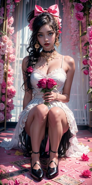 (masterpiece,  best quality,  highres:1.3),  ultra resolution image,  (1girl),  (solo),  black hair,  very_large_hair,  light_purple_eyes, magazine style,pigtails in her hair with pink bows, a big rose in her hand, a luxurious white dress with gold, a pink choker with white lace, sitting on a giant pink diamond, black background,fluffy dress, whole body, full body shot, high heels