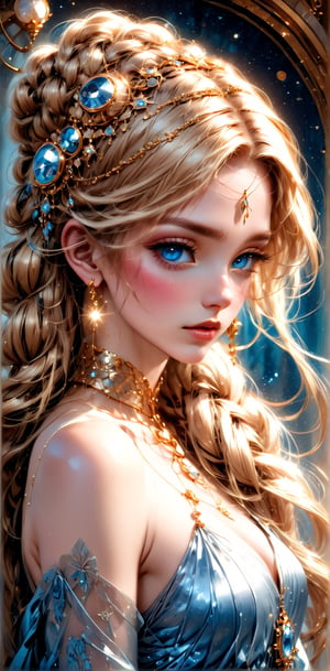 A young woman with long blonde hair and a single hair bun, adorned with a sparkling blue gemstone and gold trim, gazes slightly to the side as if lost in thought. Her bright blue eyes sparkle with a hint of blush on her cheeks. She wears a elegant dress and jewelry, including earrings that catch the light. A delicate head chain adds to her refined features, including parted lips, defined eyelashes, and freckles. The camera captures her from the side, showcasing her porcelain complexion and subtle makeup., Ink drawing of MOGLI, a charismatic girl embracing bohemian lifestyle, irises glisten like shimmering copper, lips subtly pursed, gaze directed skyward in a dreamy fashion, mane detailed with careless precision, features etched with laughter lines, radiating otherworldly charm, posture exudes liberation, capturing vivid expression of life, by Catr, detailed, vibrant, ink on textured paper, dramatic lighting,  Gorgeous, beautiful, multicolored hair, blue eyes, excentic, Ben Bauchau, Michael Garmash, Daniel F Gerhartz, Clint Cearley, Carne Griffiths, Jean Baptiste Monge, strybk style, warm dreamy lighting, matte background, volumetric lighting, pulp adventure style, fluid acrylic, dynamic gradients, bold color, illustration, highly detailed, simple, smooth and clean vector curves, vector art, smooth, johan grenier, character design, 3d shadowing, fanbox, cinematic, ornate motifs, elegant organic framing, hyperrealism, posterized, masterpiece collection, bright lush colors, TXAA, penumbra, alcohol paint, wet gouache, ultrarealistic, film grain, surreal, moody, ethereal fantasy, amazing depth, cinematic film still, sharp focus, (James Christensen),bohemian,Boho gypsy, Gustav Klimt, (Anne Bachelier:1.2), (Lillian Bassman, Erwin Blumenfeld),shabby chic,, 1920s retrofuturism, industrial, art deco, coherent, (Dieselpunk:1.3), sparkles, 