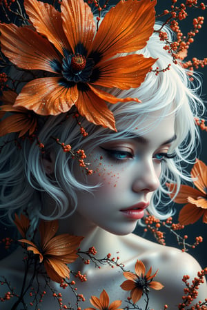 A (((full body shot))) of a (((stunning  albino woman))) whose white hair ((flows gracefully)), blending with the (((softly swirling petals))) of a (orange and black flower) that gently twirls around her form,  her eyes drawn with ultra-detailed long lashes, that captures the essence of natural beauty and elegance, close up 1.3. lady & rayograph,,,victorian vision,.retro glam,,surreal,sparkles,