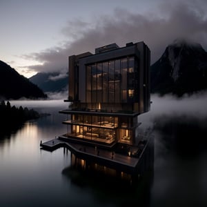 A nighttime scene featuring a ten-story hotel with a serene lake in the foreground and misty mountains in the background. The hotel stands illuminated, its facade bathed in warm, ambient lighting that reflects off the calm surface of the lake, creating a tranquil glow. The mountains rise majestically behind the hotel, partially shrouded in mist, adding a mysterious and serene atmosphere to the scene. A winding road encircles the lake, leading up to the hotel, with soft streetlights enhancing the peaceful nighttime mood. The overall composition blends the illuminated hotel with the natural beauty of the lake and mountains, creating a harmonious and inviting nightscape.