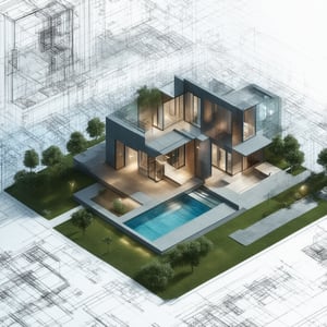 Isometric view of a modern architectural house design, featuring sleek lines, natural materials like concrete and wood, and large glass windows. The minimalist garden includes a pool. Background displays slightly transparent digital blueprints with glowing lines, futuristic elements, environmental line diagrams, and natural trees, blending contemporary architecture with advanced digital concepts, enhancing the contrast between nature and technology, creating a mysterious and technological atmosphere.