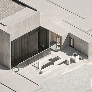 Create an isometric view of an architectural interior blending abstract and representational elements. The space features clean lines, minimalist structures, and modernist furniture. Areas with geometric abstractions, such as floating shapes and fragmented surfaces, coexist with realistic sections showcasing concrete textures, light, and shadow interplay. The muted color palette emphasizes subtle contrasts between abstract and representational zones. The composition is balanced, integrating abstract forms seamlessly into the structured environment. Elements like walls, windows, and furniture harmoniously merge the real with the conceptual.