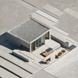 Create an isometric view of an architectural interior blending abstract and representational elements. The space features clean lines, minimalist structures, and modernist furniture. Areas with geometric abstractions, such as floating shapes and fragmented surfaces, coexist with realistic sections showcasing concrete textures, light, and shadow interplay. The muted color palette emphasizes subtle contrasts between abstract and representational zones. The composition is balanced, integrating abstract forms seamlessly into the structured environment. Elements like walls, windows, and furniture harmoniously merge the real with the conceptual.