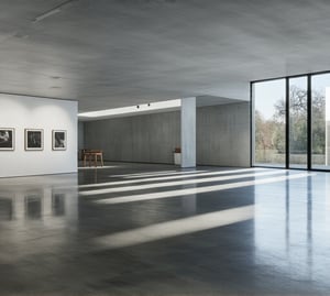 A super ultra clear HD HDR hyper-realistic and hyper-detailed photography extreme close-up view, low angle shot of An interior view of exhibition space focused on architectural and interior design. The gallery showcases minimalist structures and modernist furniture pieces that use of concrete, light, and space. The atmosphere is serene and contemplative, with natural light filtering through the large glass facades, casting soft shadows on the polished concrete floors. The exhibition layout is clean and organized, with each display harmonizing with the surrounding architectural elements. The interplay of light, shadow, and space creates a dynamic yet tranquil environment that invites visitors to engage with the designs on a deeper level.