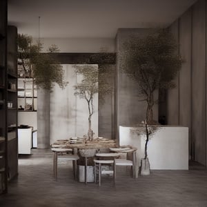 “An interior view of into an exhibition space focused on architectural and interior design. The gallery showcases minimalist structures and modernist furniture piec..es that echo Ando’s signature use of concrete, light, and space. The atmosphere is serene and contemplative, with natural light filtering through the large glass facades, casting soft shadows on the polished concrete floors. The exhibition layout is clean and organized, with each display harmonizing with the surrounding architectural elements.