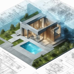 Isometric view of a modern architectural house design, featuring sleek lines, natural materials like concrete and wood, and large glass windows. The minimalist garden includes a pool. Surrounding area includes isometric architectural blueprints. Background displays slightly transparent digital blueprints with glowing lines, futuristic elements, environmental line diagrams, and natural trees, blending contemporary architecture with advanced digital concepts, enhancing the contrast between nature and technology, creating a mysterious and technological atmosphere.