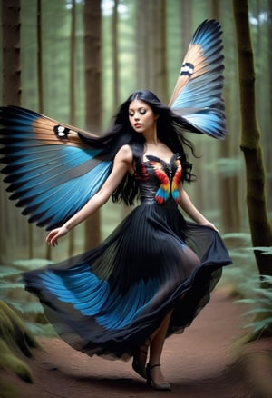 flying girl like a butterfly , flying in forest, colored wing, masterpiece, realistic, raw photo, 16k, perfect, body, midimum cheast, very long black hair, skirt, Owl feather dress