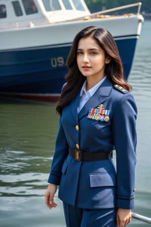 (majestic:1.5), hyper realistic, highly detailed, uhd:1.3, RAW photo, A vibrant teenage  indian navy girl, 18 years old, very fair complexion, pale skin:1.3, ( kriti sannon:1.2), (shraddha kapoor:0.8), , perfect natural extra large-medium breasts, with long black hair, detailed and shinning glossy lips, detailed nose, detailed teeth, detailed glossy lips, stand   near  large white boat ,holding a cup of tea, seducative pose,  river,lake,reflection \(on lake\),navy boat,girl focus,[cluttered maximalism] BREAK settings: (rule of thirds1.3),perfect composition,studio photo,trending on artstation,depth of perspective,(Masterpiece,Best quality,32k,UHD:1.4),(sharp focus,high contrast,HDR,hyper-detailed,intricate details,ultra-realistic. navy uniform,((navy blue shirt and pants, uppar long coat)),smile ,full body view, adds a pop of vibrancy to the scene. extremely detailed surroundings, intricately detailed, very natural, very photorealistic , full-body_portrait, 