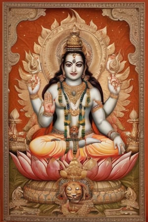 Create a modern-styled sketch portrait in silk textured paper of  An intricate depiction of Ardhanarishwar, showcasing the unified form of Lord Shiva and Goddess Parvati. The left half of the figure represents Parvati, adorned with delicate, flowing hair, vibrant traditional attire, and ornate jewelry including a crown, earrings, bangles, and a necklace. Her expression is serene and nurturing. The right half represents Shiva, with matted hair holding the crescent moon and the Ganges river, a fierce yet calm expression, wearing a tiger skin garment, and adorned with rudraksha beads, a snake around his neck, and holding a trident. The seamless blend of the two halves, with a clear demarcation in the middle, highlights the harmony and balance between masculine and feminine energies.