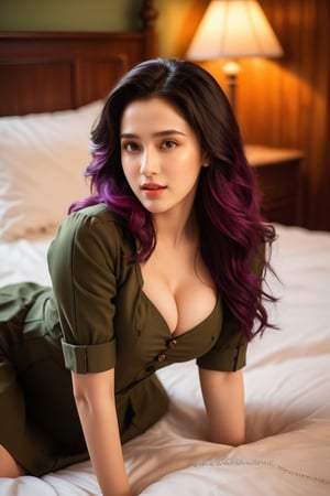 (majestic:1.5), hyper realistic, highly detailed, uhd:1.3, RAW photo, A vibrant teenage  army girl, 18 years old, very fair complexion, pale skin:1.3, ( kriti sannon:1.2), (shraddha kapoor:0.8), cute cleavage visible, perfect natural large-medium breasts, with long black hair, detailed and shinning glossy lips, detailed nose, detailed teeth, detailed glossy lips, lie down on a warm-toned bed  in her bedroom, cushion, pillows, satan bed sheet, seductive pose, flirty, . Her colourful hair takes center stage as she dances playfully, her eyes sparkling with joy.The soft lighting and rustic wooden flooring create a cozy atmosphere, while the army  close button her uniform,cap,smile ,full body view, adds a pop of vibrancy to the scene., extremely detailed surroundings, intricately detailed, very natural, very photorealistic , full-body_portrait