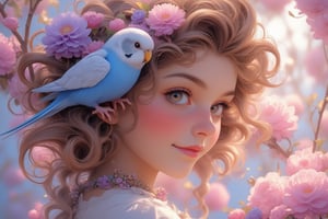 In this magically sweet portrait, a cute young girl with soft, wavy ash brown hair smiles gently, while a vibrant blue budgerigar sits nestled and play one curl in her curls on her head. The cute budgerigar’s fluffy feathers harmonize with the girl’s hair, adding a whimsical, enchanting touch to the image. The portrait radiates innocence and warmth, capturing a moment of pure sweetness. fantasy, magical, neat illustration, UHD. Modifiers:Pino Daeni etheral otherwordliness LEONARDO DIFFUSION XL STYLE, crisp quality,