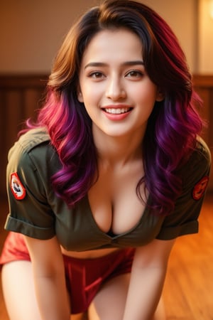 (majestic:1.5), hyper realistic, highly detailed, uhd:1.3, RAW photo, A vibrant teenage  army girl, 18 years old, very fair complexion, pale skin:1.3, ( kriti sannon:1.2), (shraddha kapoor:0.8), cute cleavage visible, perfect natural large-medium breasts, with long black hair, detailed and shinning glossy lips, detailed nose, detailed teeth, detailed glossy lips, stand on a warm-toned bed  in her bedroom, cushion, pillows, satan bed sheet, seductive pose, flirty, . Her colourful hair takes center stage as she dances playfully, her eyes sparkling with joy.The soft lighting and rustic wooden flooring create a cozy atmosphere, while the army take off her uniform,cap,smile ,full body view, adds a pop of vibrancy to the scene., extremely detailed surroundings, intricately detailed, very natural, very photorealistic , full-body_portrait