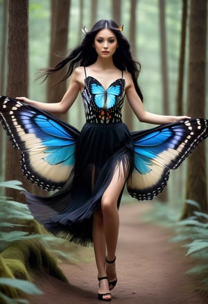 a butterfly flying girl, flying in forest, colored wing, masterpiece, realistic, raw photo, 16k, perfect, body, midimum cheast, very long black hair, skirt, Owl feather dress