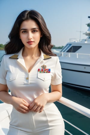 NSFW,(majestic:1.5), hyper realistic, highly detailed, uhd:1.3, RAW photo, A vibrant teenage  indian navy girl, 18 years old, very fair complexion, pale skin:1.3, ( kriti sannon:1.2), (shraddha kapoor:0.8), , perfect natural extra large-medium breasts, with long black hair, detailed and shinning glossy lips, detailed nose, detailed teeth, detailed glossy lips, stand   near  large white boat ,hand on stairing, seducative pose,  river,lake,reflection \(on lake\),navy boat,girl focus,[cluttered maximalism] BREAK settings: (rule of thirds1.3),perfect composition,studio photo,trending on artstation,depth of perspective,(Masterpiece,Best quality,32k,UHD:1.4),(sharp focus,high contrast,HDR,hyper-detailed,intricate details,ultra-realistic. navy uniform,( take off navy blue shirt and pants),smile ,full body view, adds a pop of vibrancy to the scene. extremely detailed surroundings, intricately detailed, very natural, very photorealistic , full-body_portrait, 