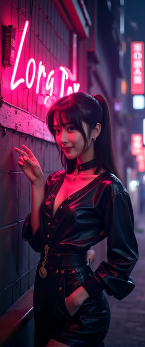 A very beautiful woman is pointing at the viewer and smiling, pointing at a large neon sign that says "New Lora Test". The background is dark gothic  with  dark tones in a Japanese style. Detailed texture, high quality, high resolution, high precision, realism, color correction, good lighting settings, harmonious composition, Behance work, watercolor, text, the text is "",ct-kjbp,ct-muun