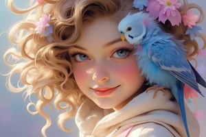 In this magically sweet portrait, a cute young girl with soft, wavy ash brown hair smiles gently, while a vibrant blue budgerigar sits nestled and play one curl in her curls on her head. The cute budgerigar’s fluffy feathers harmonize with the girl’s hair, adding a whimsical, enchanting touch to the image. The portrait radiates innocence and warmth, capturing a moment of pure sweetness. fantasy, magical, neat illustration, UHD. Modifiers:Pino Daeni etheral otherwordliness LEONARDO DIFFUSION XL STYLE, crisp quality,