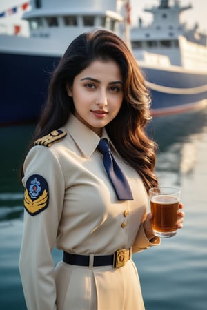 (majestic:1.5), hyper realistic, highly detailed, uhd:1.3, RAW photo, A vibrant teenage  indian navy girl, 18 years old, very fair complexion, pale skin:1.3, ( divya bharti:1.2), (shraddha kapoor:0.8), , perfect natural extra large-medium breasts, with long black hair, detailed and shinning glossy lips, detailed nose, detailed teeth, detailed glossy lips, stand   near  large white boat ,holding a cup of tea, seducative pose,  river,lake,reflection \(on lake\),navy boat,girl focus,tie ,wear sunglass,[cluttered maximalism] BREAK settings: (rule of thirds1.3),perfect composition,studio photo,trending on artstation,depth of perspective,(Masterpiece,Best quality,32k,UHD:1.4),(sharp focus,high contrast,HDR,hyper-detailed,intricate details,ultra-realistic. navy uniform,((navy blue shirt and pants, uppar very long coat)),smile ,full body view, adds a pop of vibrancy to the scene. extremely detailed surroundings, intricately detailed, very natural, very photorealistic , full-body_portrait, 