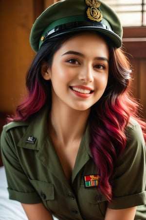 (majestic:1.5), hyper realistic, highly detailed, uhd:1.3, RAW photo, A vibrant teenage  army girl, 18 years old, very fair complexion, pale skin:1.3, ( kriti sannon:1.2), (shraddha kapoor:0.8), cute cleavage visible, perfect natural large-medium breasts, with long black hair, detailed and shinning glossy lips, detailed nose, detailed teeth, detailed glossy lips, sits cozily on a warm-toned bed  in her bedroom, cushion, pillows, satan bed sheet, seductive pose, flirty, . Her colourful hair takes center stage as she dances playfully, her eyes sparkling with joy.The soft lighting and rustic wooden flooring create a cozy atmosphere, while the army take off uniform,cap ,smile,full body view,cap adds a pop of vibrancy to the scene., extremely detailed surroundings, intricately detailed, very natural, very photorealistic 