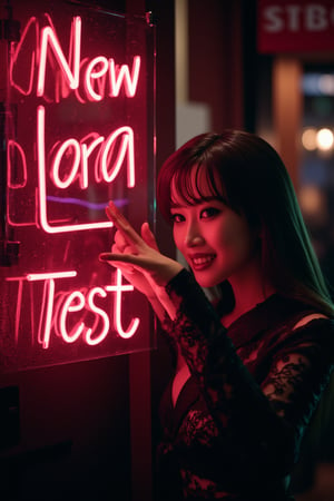 A very beautiful woman is pointing at the viewer and smiling, pointing at a large neon sign that says "New Lora Test". The background is dark gothic  with  dark tones in a Japanese style. Detailed texture, high quality, high resolution, high precision, realism, color correction, good lighting settings, harmonious composition, Behance work, watercolor, text, the text is "",ct-kjbp,ct-muun