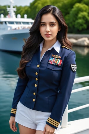 (majestic:1.5), hyper realistic, highly detailed, uhd:1.3, RAW photo, A vibrant teenage  indian navy girl, 18 years old, very fair complexion, pale skin:1.3, ( kriti sannon:1.2), (shraddha kapoor:0.8), , perfect natural extra large-medium breasts, with long black hair, detailed and shinning glossy lips, detailed nose, detailed teeth, detailed glossy lips, stand   near  large white boat ,hand on stairing, seducative pose,  river,lake,reflection \(on lake\),navy boat,girl focus,[cluttered maximalism] BREAK settings: (rule of thirds1.3),perfect composition,studio photo,trending on artstation,depth of perspective,(Masterpiece,Best quality,32k,UHD:1.4),(sharp focus,high contrast,HDR,hyper-detailed,intricate details,ultra-realistic. navy uniform,( take off navy blue shirt and pants),smile ,full body view, adds a pop of vibrancy to the scene. extremely detailed surroundings, intricately detailed, very natural, very photorealistic , full-body_portrait, 