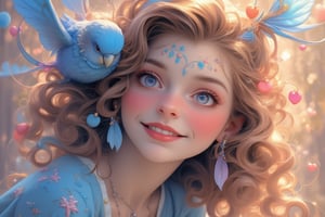 In this magically sweet portrait, a cute young girl with soft, age 21,  wavy ash brown hair smiles gently, while a vibrant blue budgerigar sits nestled and play one curl in her curls on her head. The cute budgerigar’s fluffy feathers harmonize with the girl’s hair, adding a whimsical, enchanting touch to the image. The portrait radiates innocence and warmth, capturing a moment of pure sweetness. fantasy, magical, neat illustration, UHD. Modifiers:Pino Daeni etheral otherwordliness LEONARDO DIFFUSION XL STYLE, crisp quality,