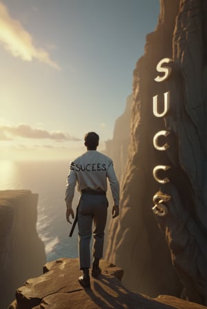Enveloped in a surreal embrace, arafed image of a man walking across a cliff with the word success hyperrealism, intricate, highly detailed, smooth,soft lighting, trending on artstation, unreal engine, 8 k, by artgerm,Movie Still