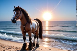 generate Highly detailed hyper realistic brown couple horse running on ocean water ,Broken Glass effect, naturel sun shine sky_blue sky background, stunning, something that even doesn't exist,, from view of a perfect horse,  majestically, illuminated, focused on the character,  , sunlight,1 girl ,realistic,h0rs3_p3nis,facial expression