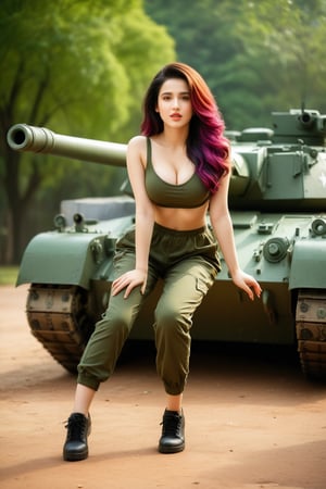 (majestic:1.5), hyper realistic, highly detailed, uhd:1.3, RAW photo, A vibrant teenage  army girl, 18 years old, very fair complexion, pale skin:1.3, ( kriti sannon:1.2), (shraddha kapoor:0.8), cute cleavage visible, perfect natural extra large-medium breasts, with long black hair, detailed and shinning glossy lips, detailed nose, detailed teeth, detailed glossy lips, sit on a warm-toned army tank, seductive pose, flirty, . Her colourful hair takes center stage as she dances playfully, her eyes sparkling with joy.The soft lighting and rustic wooden flooring create a cozy atmosphere, while the army   uniform,cap,smile ,full body view, adds a pop of vibrancy to the scene., extremely detailed surroundings, intricately detailed, very natural, very photorealistic , full-body_portrait