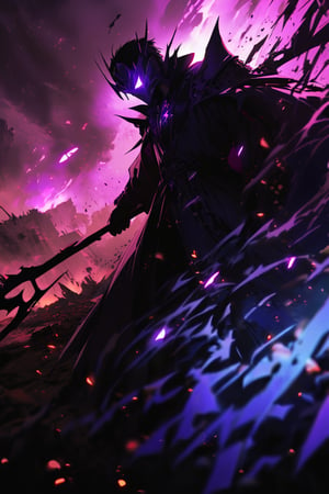 A hauntingly beautiful scene unfolds: a lone boy, donning a menacing mask with a sharp smile, stands amidst a war-torn battlefield. His eyes gleam like amethysts as they glow with an otherworldly intensity, the fangs on his mask seeming to pulse in rhythm. In the background, the remnants of destruction stretch out, while he wields a scythe, its blade a blur as it slices through the air. The camera captures this eerie tableau from a low angle, emphasizing the boy's imposing figure and the surreal atmosphere that surrounds him.