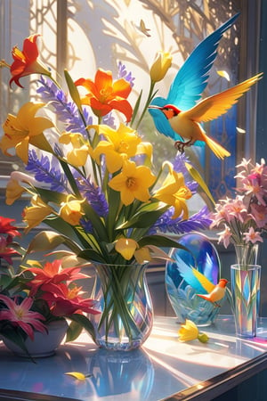 A whimsical scene unfolds as five birds of varying plumage - iridescent blues, fiery reds, and sun-kissed yellows - perch upon a vase adorned with a majestic lily featuring delicate golden edges. In the foreground, a ruby-trimmed yellow daffodil adds a pop of color, while in the background, a polished glass surface reflects the vibrant hues, echoing the kaleidoscope's mesmerizing patterns.