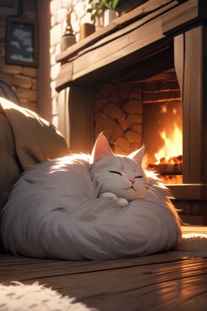 In a cozy, warmly lit living room, an adorable kitten lies curled up beside a crackling fireplace, its soft fur illuminated by the gentle glow of the flames. The 8K masterpiece showcases every whisker and detail in breathtaking high-definition, as the kitten's peaceful slumber is framed against the rustic charm of the hearth.