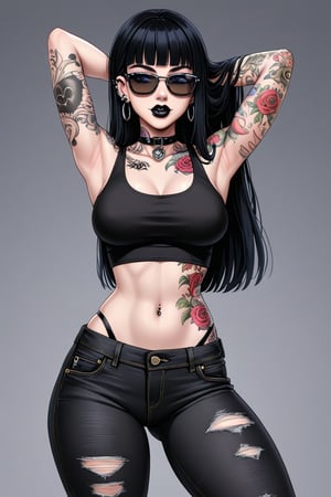 fullbody, Female goth with pale skin, long straight black hair, dressed in black ripped jeans with a black cropped tanktop, sunglasses, black lipstick, tattooed, tattooed face, tattooed body,