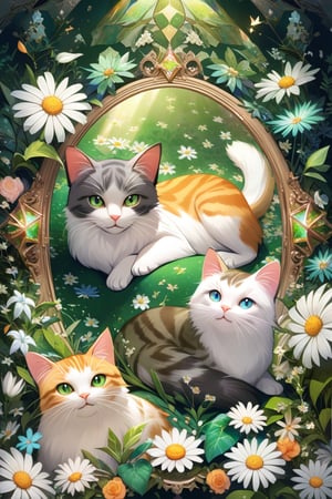 A mesmerizing still life of three majestic cats lounging amidst a whimsical arrangement: a daisy adorned with delicate dewdrops and surrounded by the lush, emerald-green leaves and star-shaped blooms of Emerald Tipped White Jasmine. The mirror-finish surface reflects the kaleidoscope pattern, creating a dazzling display of colors and textures that seems to shift and change as the viewer moves around it.