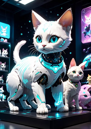 A futuristic pet shop glows softly under LED lighting. A cybernetic veterinarian with metallic robotic arms bends over a radiant, bioluminescent kitten, its fur shimmering like stars on a moonless night. Holographic projections of augmented animals swirl around them: a cat with laser-sharp claws, a dog with AI-powered agility, and a rabbit with enhanced senses. The 3D displays create a mesmerizing atmosphere, blending technology and whimsy in this cutting-edge menagerie.