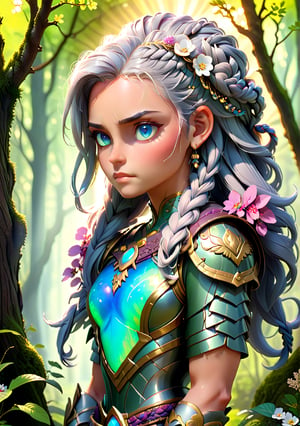 A majestic warrior stands against a serene forest backdrop, sunbeams filtering through the canopy above. His opalescent eyes seem to change hue in harmony with the surroundings. Intricately braided silver hair cascades down his back like a river of moonlight. Ornate armor, crafted from what appears to be sentient wood, encases him, adorned with lush moss and tiny flowers. Multiple views of this enigmatic figure include: 

* A front-facing portrait showcasing the opal-like eyes
* A three-quarter view capturing the warrior's stance and braided hair
* A profile shot highlighting the intricate armor details
* A full-body 3D render displaying the character's grandeur
* A cartoon-style illustration emphasizing exaggerated features and vibrant colors