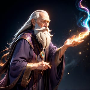 Profile view: An elderly male wizard strokes his long beard, eyes closed in concentration as he conjures a spell. Magical runes swirl around his staff, casting a soft glow on his wrinkled features, 3D, real life, high resolution, dynamic lighting, MasterF, perfect face, 