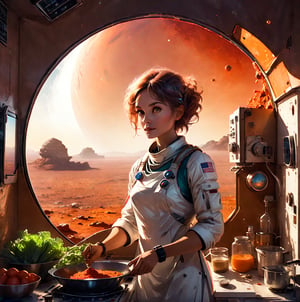 An astronaut-chef prepares a meal in a zero-gravity kitchen on a Mars base. The chef floats in the center, skillfully manipulating floating globules of liquid and perfectly spherical fruit. They wear a futuristic chef's uniform combined with elements of a space suit. The kitchen is full of high-tech cooking gadgets and hydroponically grown vegetables. Through a large window, the red Martian landscape is visible, with Earth hanging in the sky. The scene is lit by a mix of artificial light from the kitchen and the warm glow of the Martian sunset. Highly detailed space technology, focus on the unusual physics of cooking in space, blend of culinary and sci-fi elements, dynamic composition, 3D, real life, high_resolution, dynamic lighting, MasterF, perfect face, dramatic watercolor, nodf_xl