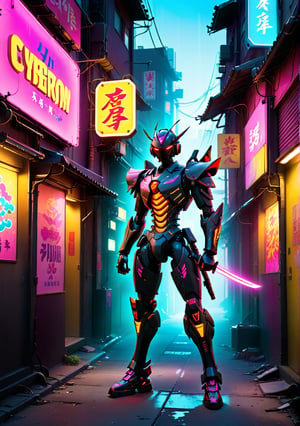 A dimly lit back alleyway, bathed in the gaudy glow of neon signs, sets the stage for a high-stakes showdown. A street samurai, armed with cybernetic limbs that pulse with an otherworldly energy, stands tall amidst the shadows. The katana at their side gleams with a technicolor sheen, as if infused with the vibrant hues above. Corporate security drones, their metallic bodies reflecting the neon's kaleidoscope of colors, hover ominously in the distance, ready to strike.,3D