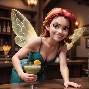 A mischievous fairy bartender is seen from the perspective of a patron, leaning over the bar with a sly grin. Her wings shimmer as she slides a glowing cocktail across the counter, the magical tavern bustling behind her, 3d, real life, fantasy, 