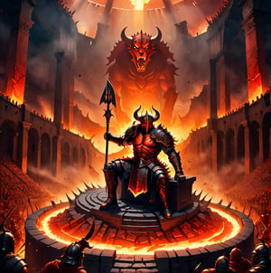 Demonic warrior presiding over a hellish gladiatorial arena. Subject: Seated on floating obsidian throne above arena. Medium: Digital illustration. Style: Infernal dark fantasy. Composition: High angle view of arena, warrior overlooking. Color and lighting: Reds and oranges, spotlights on combatants below. Costume: Elaborate armor with trophy racks of defeated foes. Props: Goblet of lava, signal flags for arena control. Background: Massive colosseum filled with demon spectators, battles below. Atmosphere: Bloodthirsty excitement, heat of competition. Detailed variety of demonic gladiators and monstrous beasts. Contrast between warrior's stoic observation and chaos of arena, dynamic composition, 3D, real life, high_resolution, dynamic lighting, MasterF, perfect face, dramatic watercolor, nodf_xl, more detail XL, Dark_Mediaval,