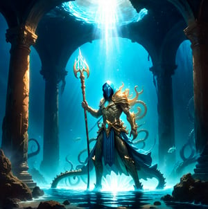 An undersea mage battles a colossal kraken in a forgotten Atlantean ruin. The mage, wearing flowing robes and wielding a trident, casts a spell that illuminates the dark waters with an ethereal blue light. The kraken's tentacles wrap around crumbling marble columns as it lunges towards the mage. Schools of bioluminescent fish dart around the scene, and ancient, barnacle-covered statues watch silently. Highly detailed underwater effects, play of light and shadow, sense of scale and danger. Highly detailed, dramatic lighting, warm color palette with deep shadows, dynamic composition, 3D, real life, high_resolution, dynamic lighting, MasterF, perfect face, dramatic watercolor